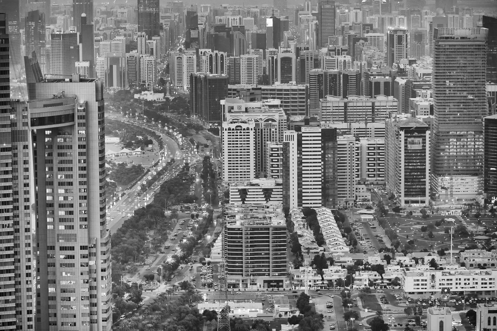 Aerial view of high-rise towers and the Corniche in Abu Dhabi
