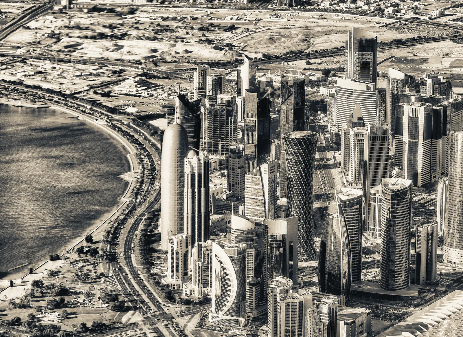 Aerial view of the Doha skyline and corniche, Qatar